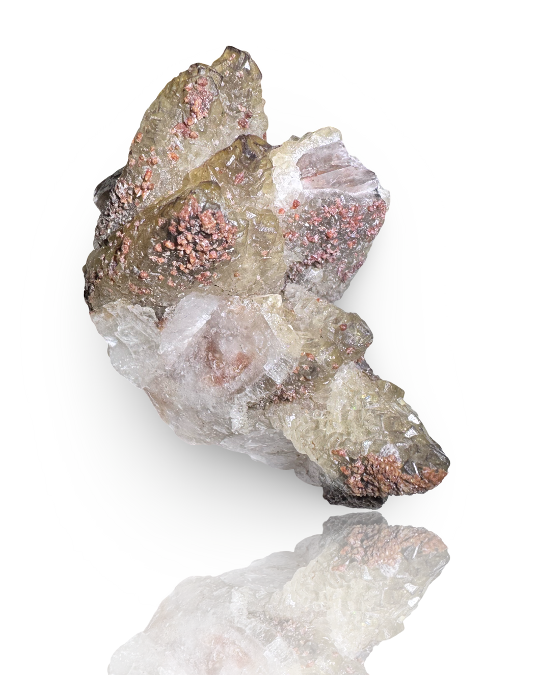 Dog Tooth Calcite with UV Reactive Fluorite, Hematite and Hyalite Opal, Potosi Mine, Santa Eulalia, Chihuahua, Mexico