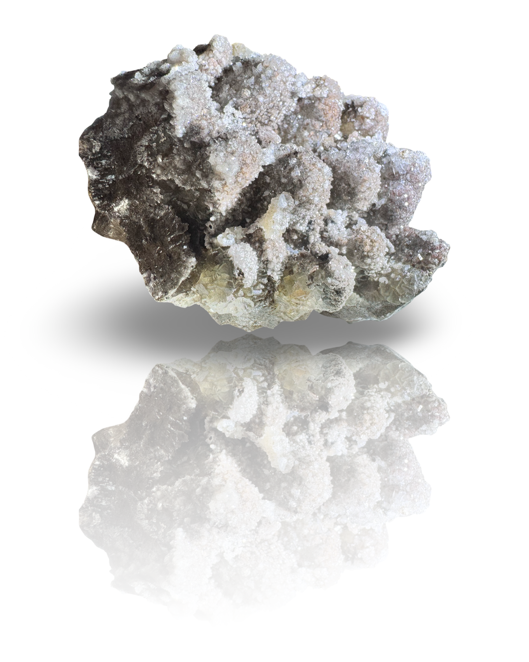 Dog Tooth Calcite with UV Reactive Fluorite, Hematite and Hyalite Opal, Potosi Mine, Santa Eulalia, Chihuahua, Mexico