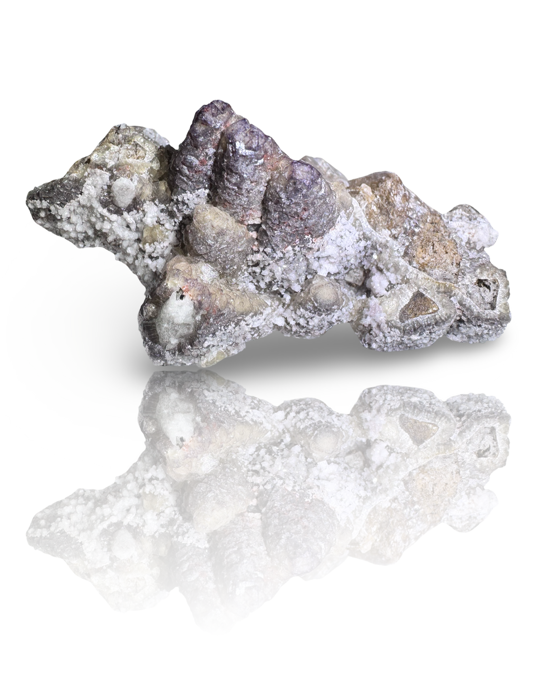 Dog Tooth Calcite with UV Reactive Fluorite, Hematite and Hyalite Opal, Potosi Mine, Santa Eulalia, Chihuahua, Mexico