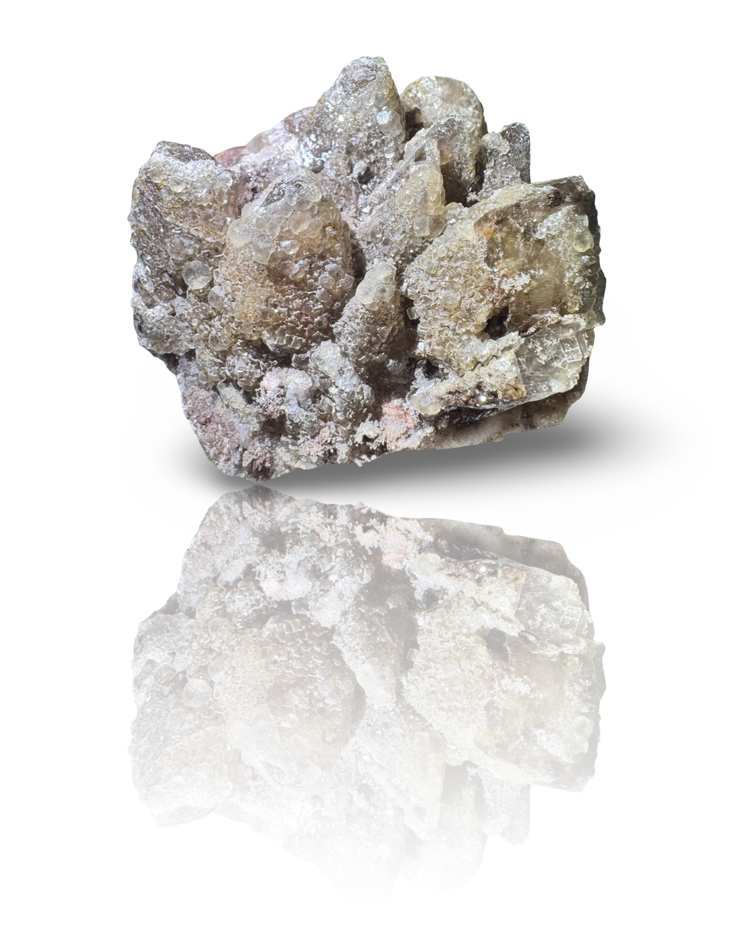 Dog Tooth Calcite with UV Reactive Fluorite, Hematite and Hyalite Opal, Potosi Mine, Santa Eulalia, Chihuahua, Mexico