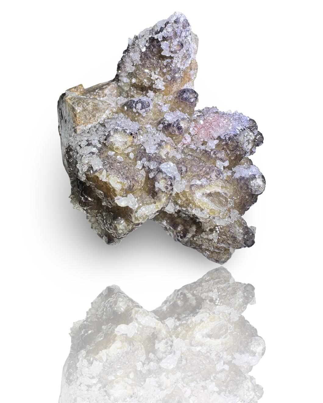 Dog Tooth Calcite with UV Reactive Fluorite, Hematite and Hyalite Opal, Potosi Mine, Santa Eulalia, Chihuahua, Mexico