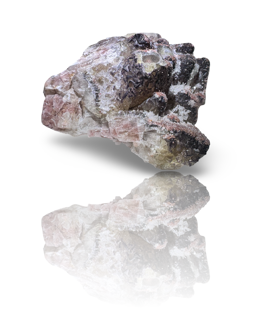 Dog Tooth Calcite with UV Reactive Fluorite, Hematite and Hyalite Opal, Potosi Mine, Santa Eulalia, Chihuahua, Mexico