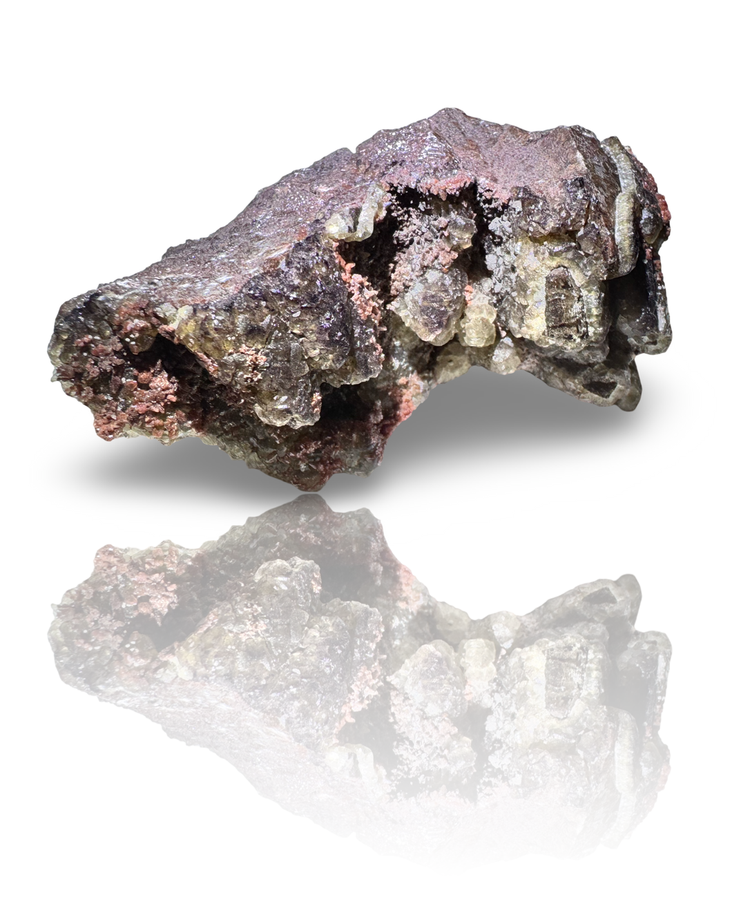 Dog Tooth Calcite with UV Reactive Fluorite, Hematite and Hyalite Opal, Potosi Mine, Santa Eulalia, Chihuahua, Mexico