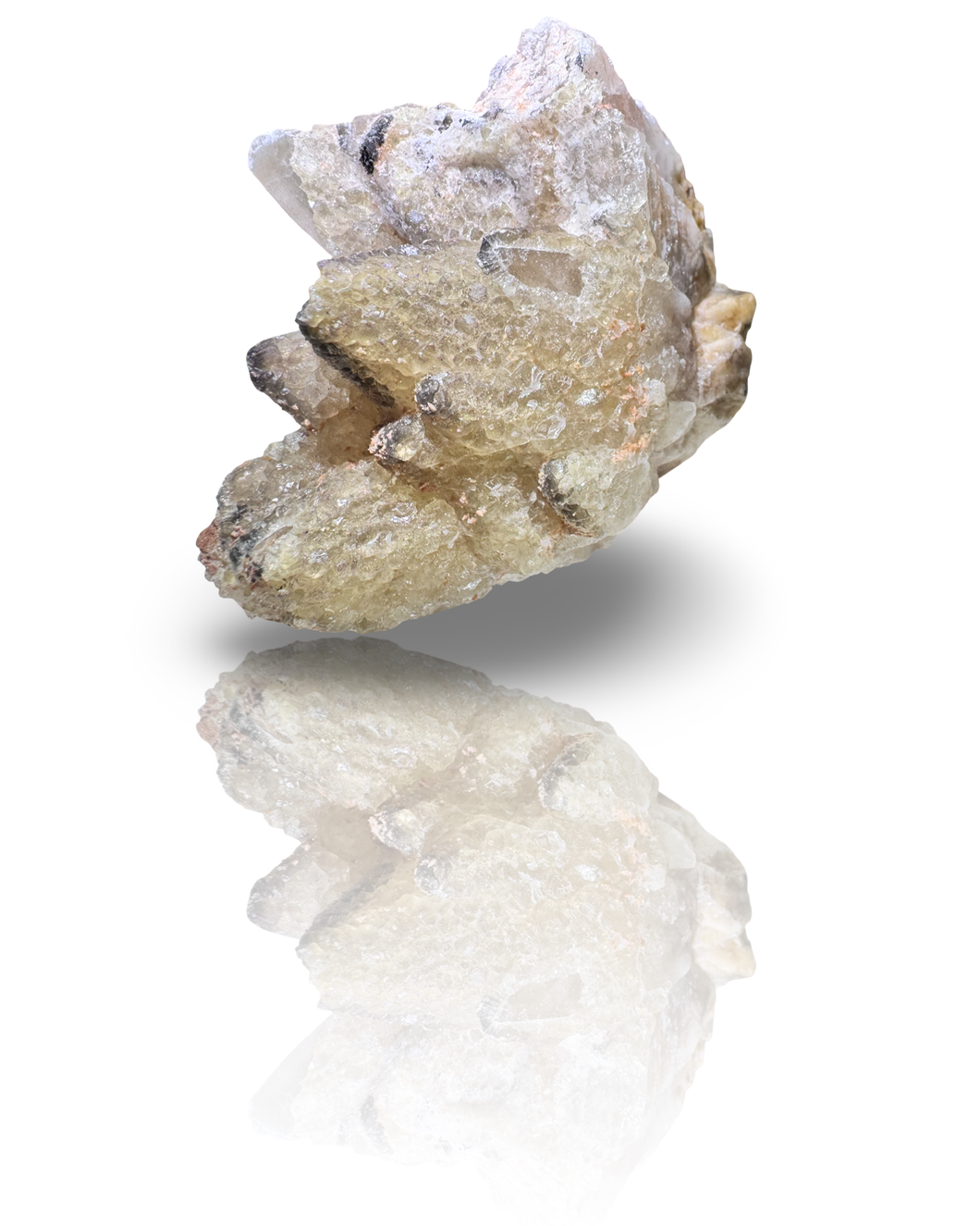 Dog Tooth Calcite with UV Reactive Fluorite, Hematite and Hyalite Opal, Potosi Mine, Santa Eulalia, Chihuahua, Mexico