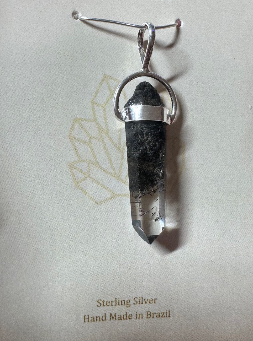 Black Tourmaline in Quartz & Sterling Silver Pendant, Brazil