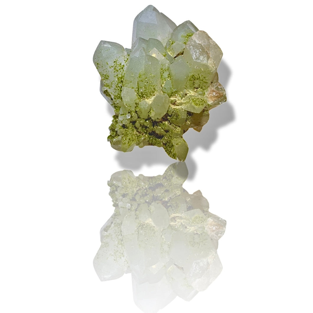 Druzy Epidote on Milk Quartz, Turkey