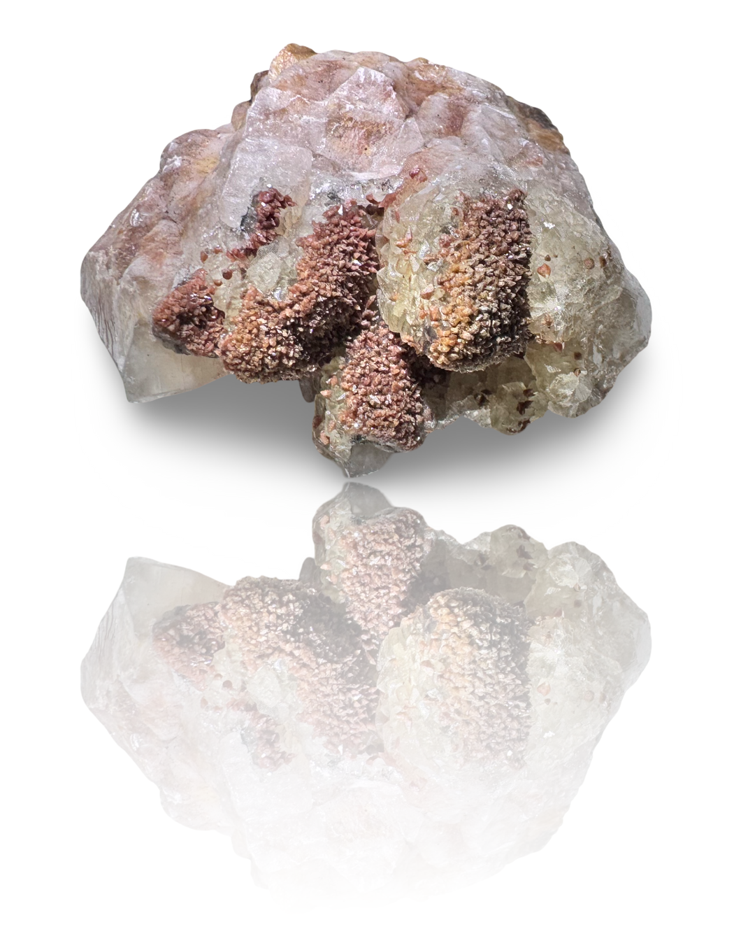 Dog Tooth Calcite with UV Reactive Fluorite, Hematite and Hyalite Opal, Potosi Mine, Santa Eulalia, Chihuahua, Mexico