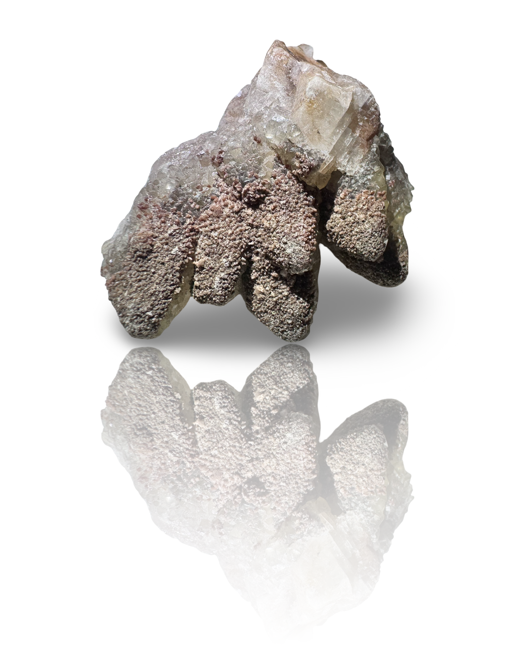 Dog Tooth Calcite with UV Reactive Fluorite, Hematite and Hyalite Opal, Potosi Mine, Santa Eulalia, Chihuahua, Mexico