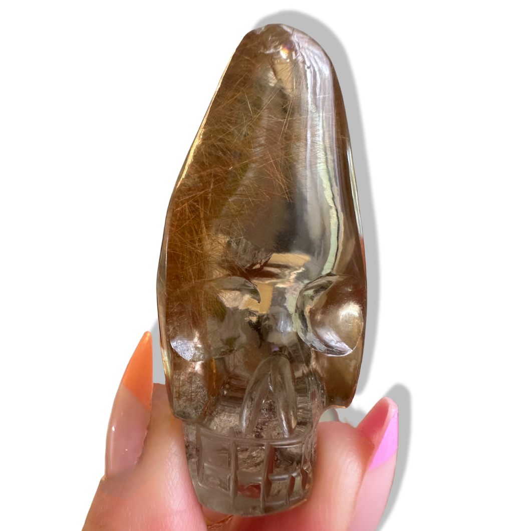 Golden Rutile Chlorite Samādhi Himalayan Quartz Skull, Carved by Subhash, India