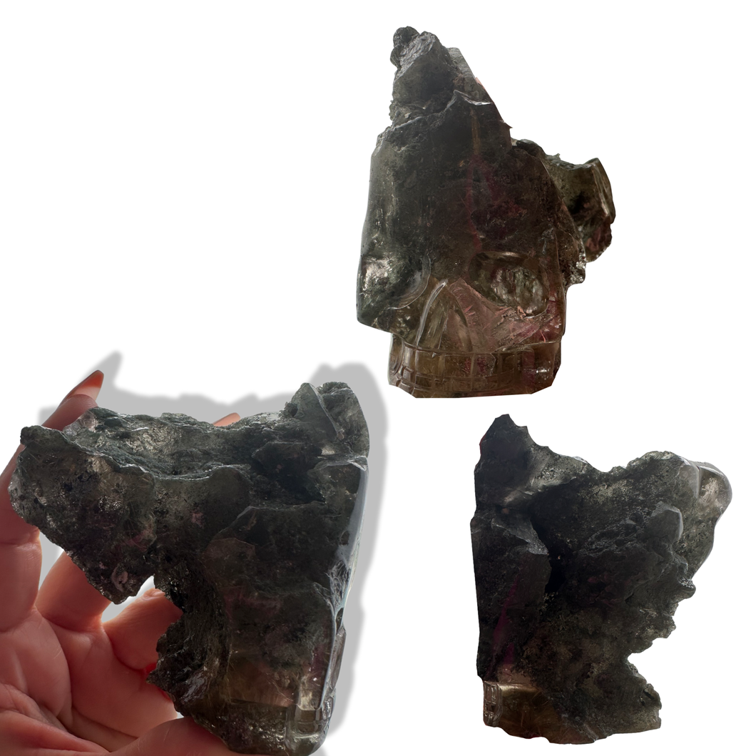 Golden Rutile Chlorite Samādhi Himalayan Quartz Skull, Carved by Subhash, India