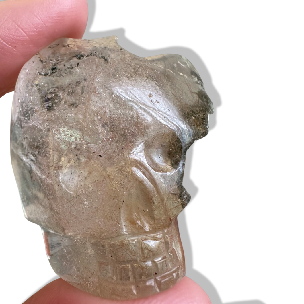 Golden Rutile Chlorite Samādhi Himalayan Quartz Skull, Carved by Subhash, India