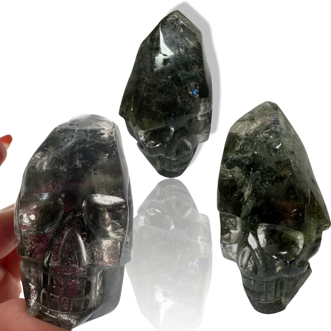 Golden Rutile Chlorite Samādhi Himalayan Quartz Skull, Carved by Subhash, India