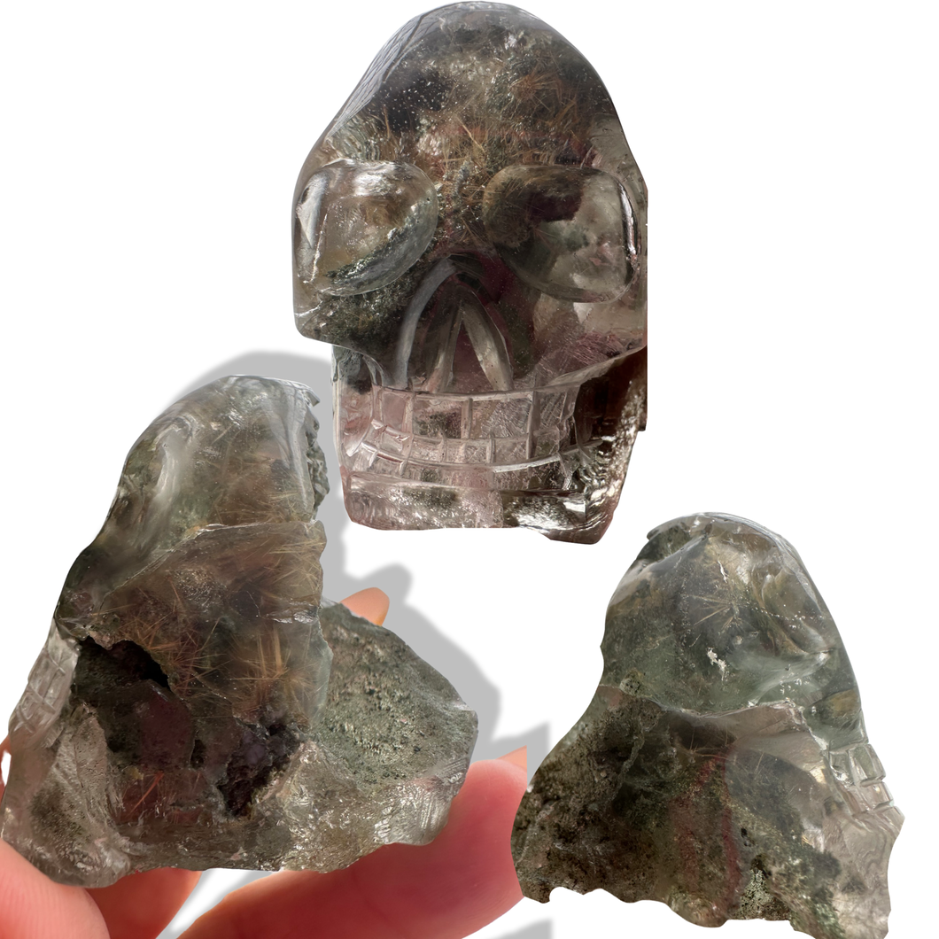 Golden Rutile Chlorite Samādhi Himalayan Quartz Skull, Carved by Subhash, India