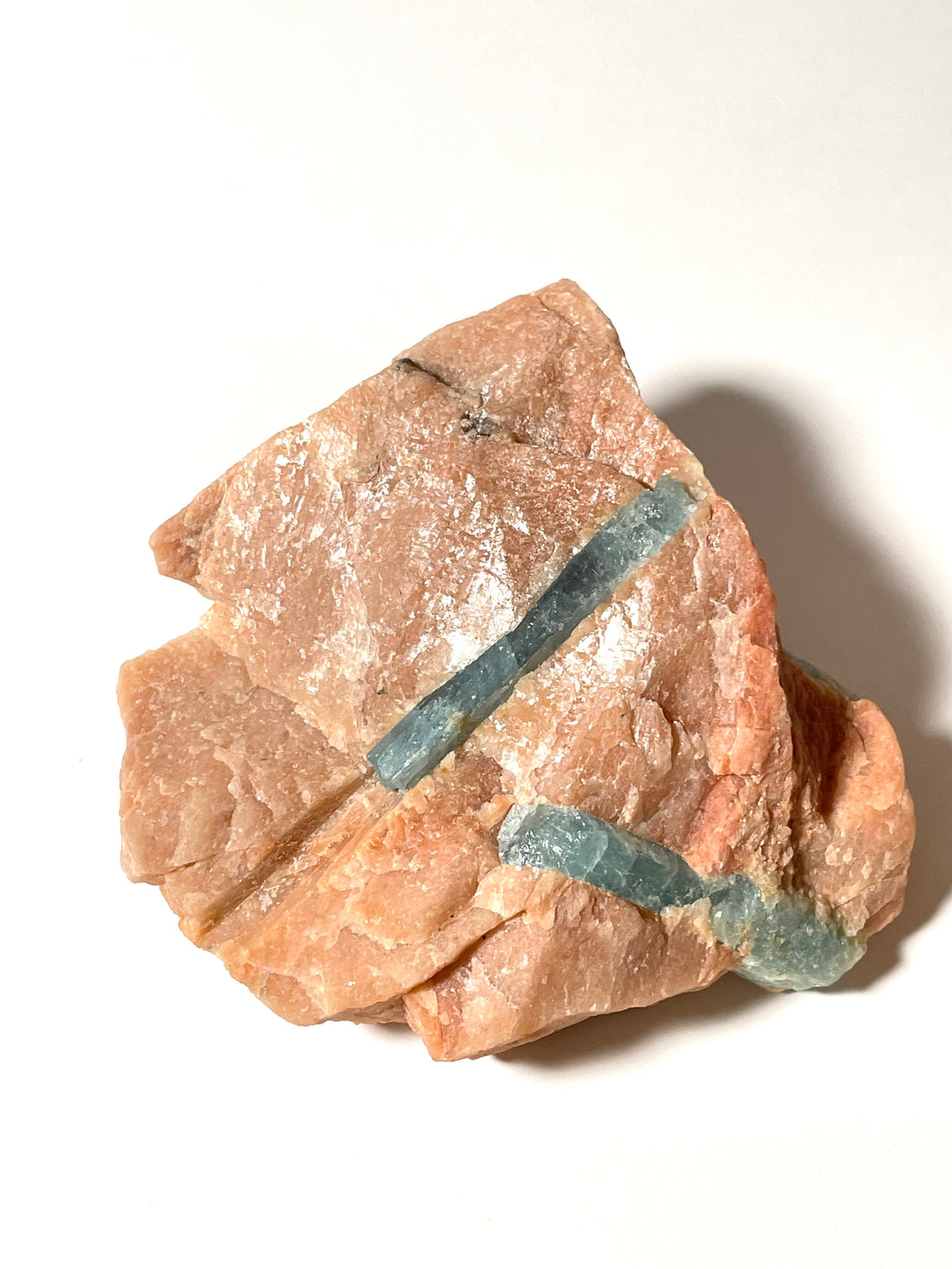 Aquamarine on Peach Feldspar, Raw, Brazil